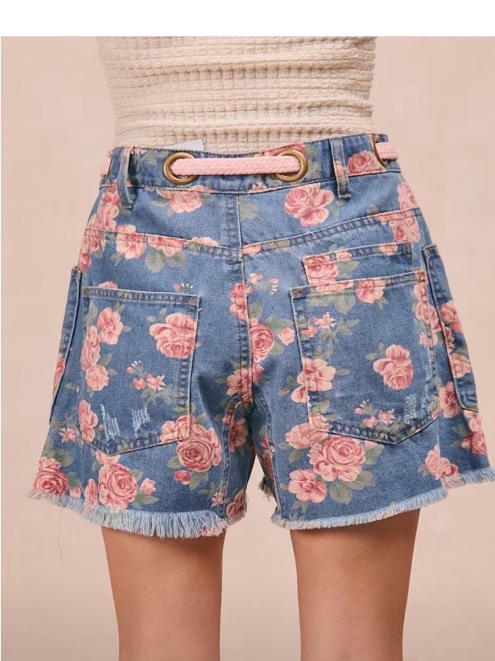 BiBi Floral Denim Shorts with Rope Belt. Size Large - Picture 2 of 3